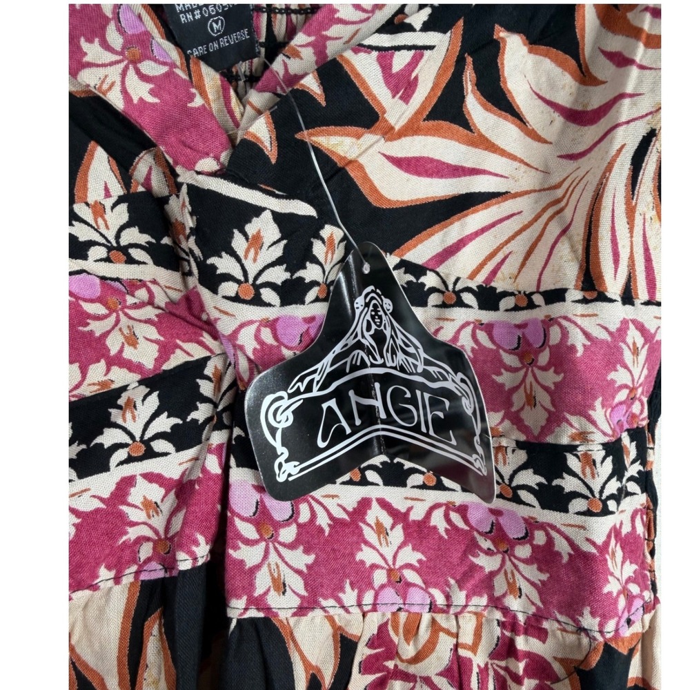 New Angie Floral Print Smocked Back Jumpsuit size Medium Black/Pink - Picture 3 of 8